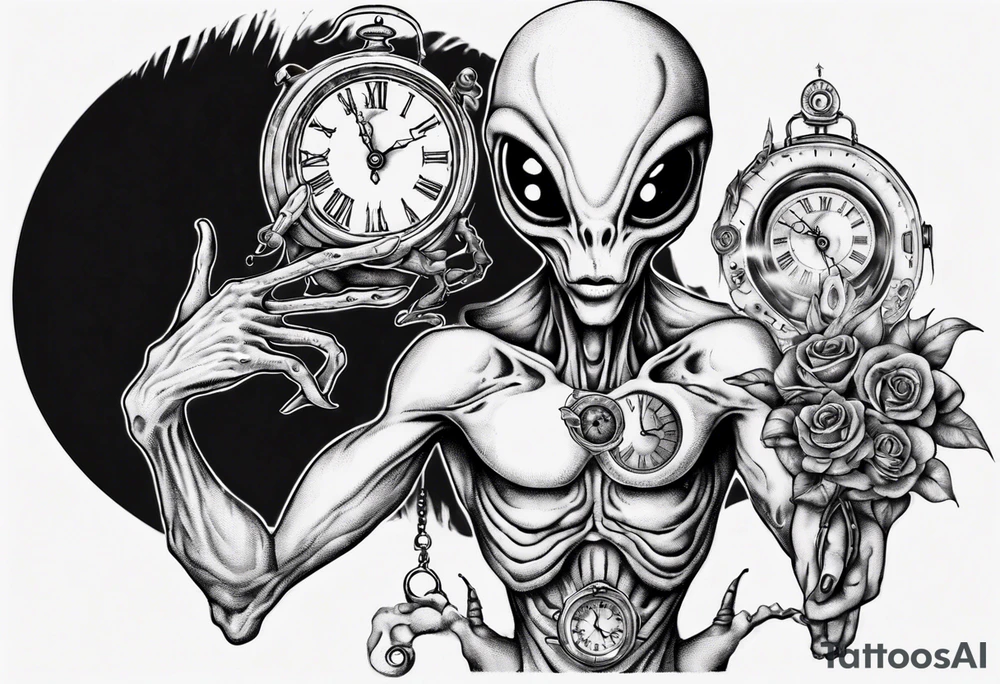 Alien holding a clock tattoo idea