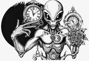 Alien holding a clock tattoo idea