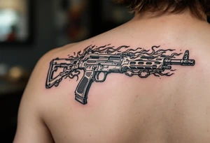 American traditional tattoo of glock with flames and a chain border tattoo idea