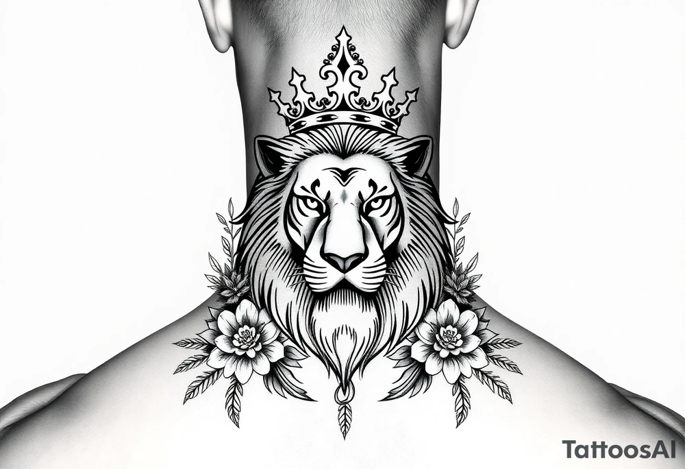 powerful majestic lion with a crown, surrounded by floral ornaments and birds tattoo idea