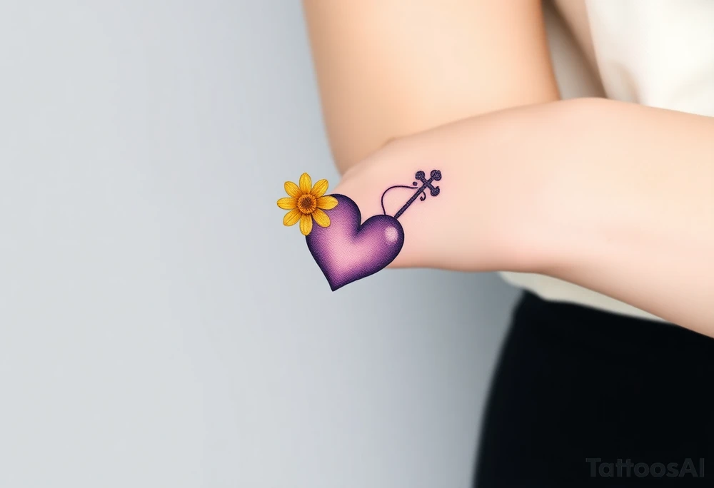 simple with Purple Hearts with yellow daisy with cross tattoo idea