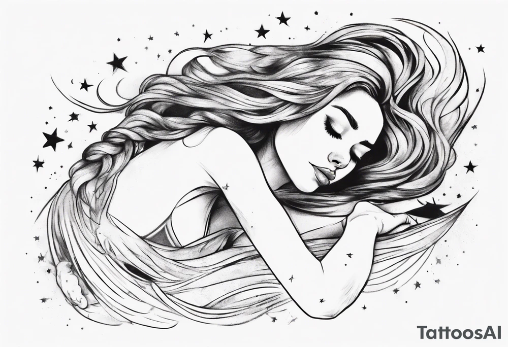 woman laying on her right side with her hair long and slowly fades into stars tattoo idea