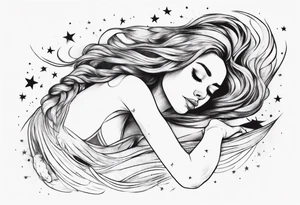 woman laying on her right side with her hair long and slowly fades into stars tattoo idea