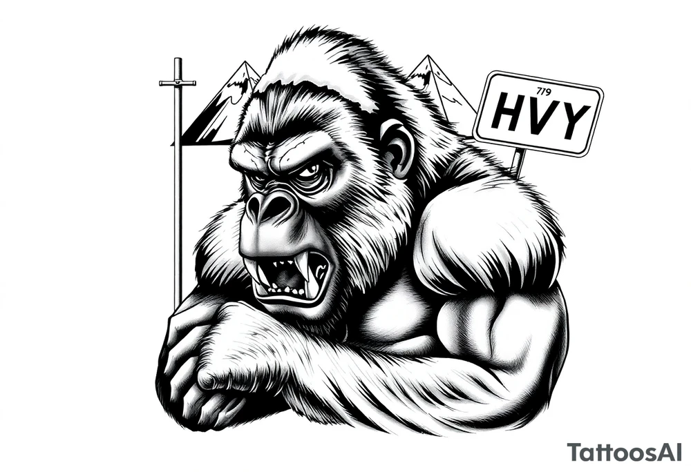 powerful aggressive and angry gorilla with a street sign with a pole on the left that says “42nd st w”, a highway sign on the right that says “HWY 78” and pyramids above the ape’s head that have snow on them all in close proximity. tattoo idea