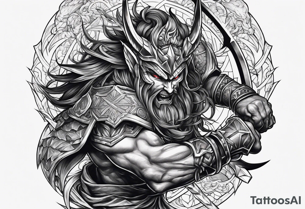 Warrior fighting demon tattoo idea