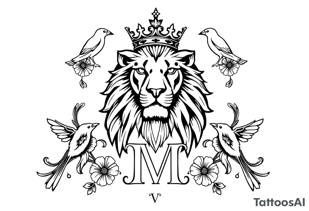 powerful majestic lion with a crown, surrounded by floral ornaments and birds
Classic Serif Design
above:
	•	Font: Elegant serif typeface (e.g., Times New Roman or Garamond).
	•	Style:
	•	“owned by” in lowercase, centered above the “M” with slight letter spacing.
	•	“M” is bold and slightly larger, sitting at the bottom.
	•	Overall Shape: Balanced and traditional, minimal flourishes. tattoo idea