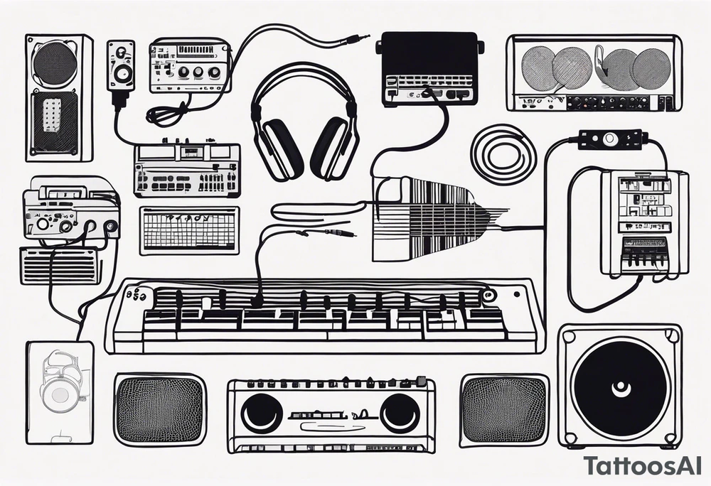 Lines and cables weave and interconnect keyboards, drums, guitars, speakers, headphones, and cassette tapes. tattoo idea