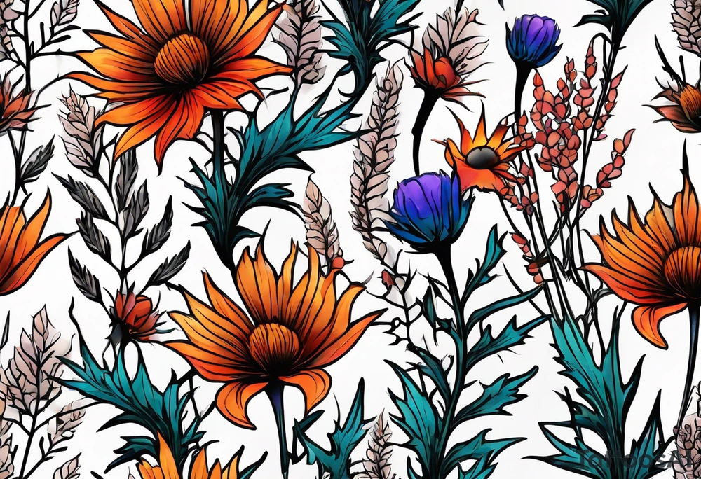 cascading mixed colored wildflowers with thistles, ferns, burnt orange flowers all in color tattoo idea