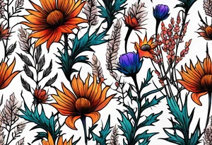 cascading mixed colored wildflowers with thistles, ferns, burnt orange flowers all in color tattoo idea