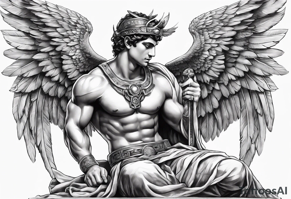 God hermes kneeling with wings wrapped around him tattoo idea tattoo idea