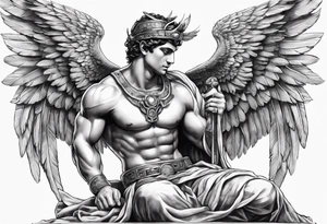 God hermes kneeling with wings wrapped around him tattoo idea tattoo idea