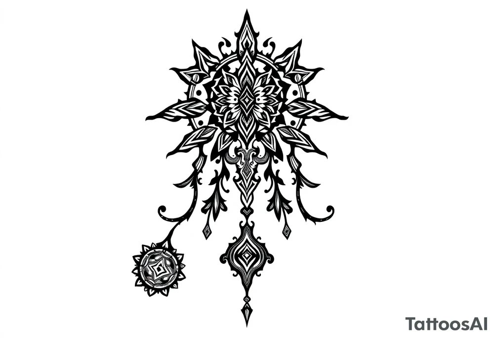 mystical dark and long ornament tattoo with shaman and witch style and ancient rhyme tattoo idea
