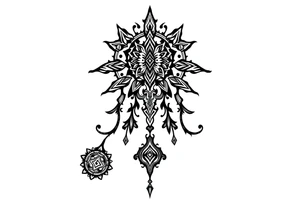 mystical dark and long ornament tattoo with shaman and witch style and ancient rhyme tattoo idea