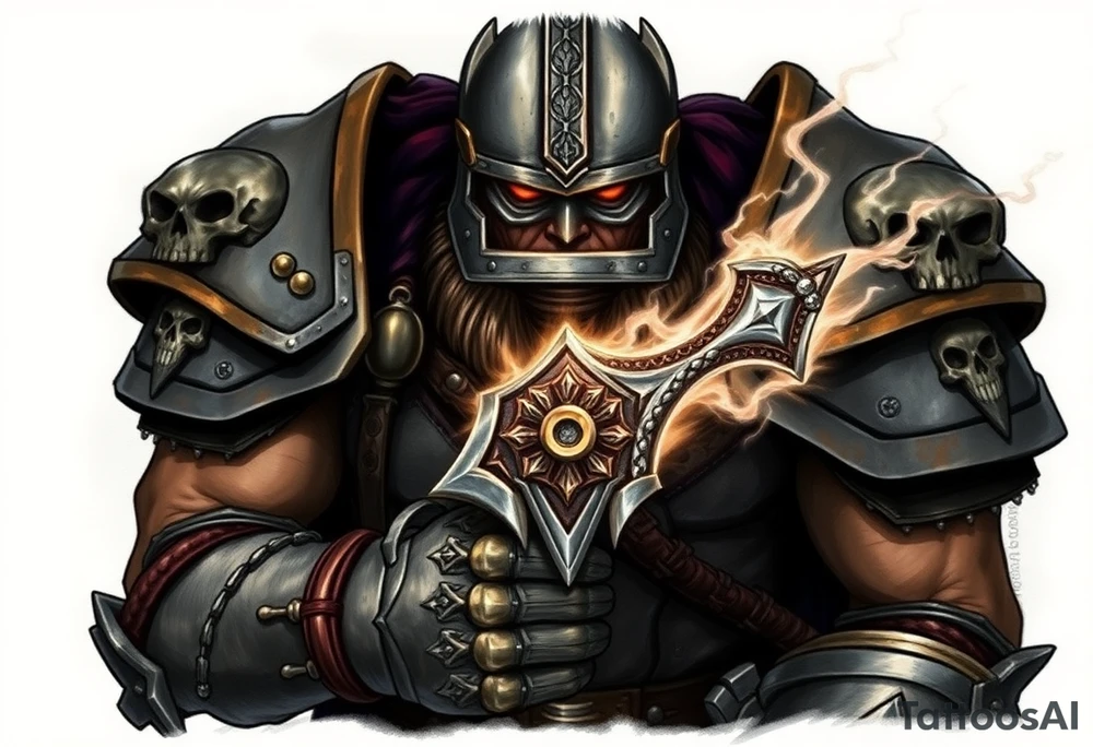 Warhammer, the Old World. A warrior priest of Sigmar holding The Warhammer of Sigmar. The Warhammer of Sigmar is radiating thunderous energy. The Warhammer is held by the warrior priest with both hands at the shaft with a firm grip, upon his chest level. The Warrior priest is wearing dark alloyed heavy armour (reference armor from warhammer vermintide 2 Victor Saltzpyres, the warrior priest of Sigmar class) with skull sigils on his shoulder pads. The warrior priest is wearing a helmet, while the helmets front visor has an humanoid metal face covering. The helmet and armour are gladened with hints of gold and crimson red. The Warhammer is silverish and golden with a long shaft with twisted carvings. tattoo idea