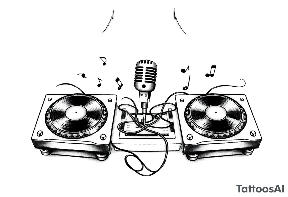 Microphone turntables and music notes tattoo idea