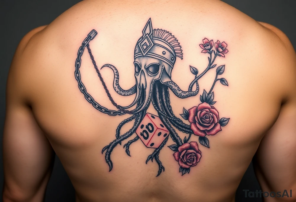 Squid and spartan and sailor hat combined with chains, tree roots, cherry blossoms and roses rolling dice tattoo idea