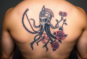 Squid and spartan and sailor hat combined with chains, tree roots, cherry blossoms and roses rolling dice tattoo idea