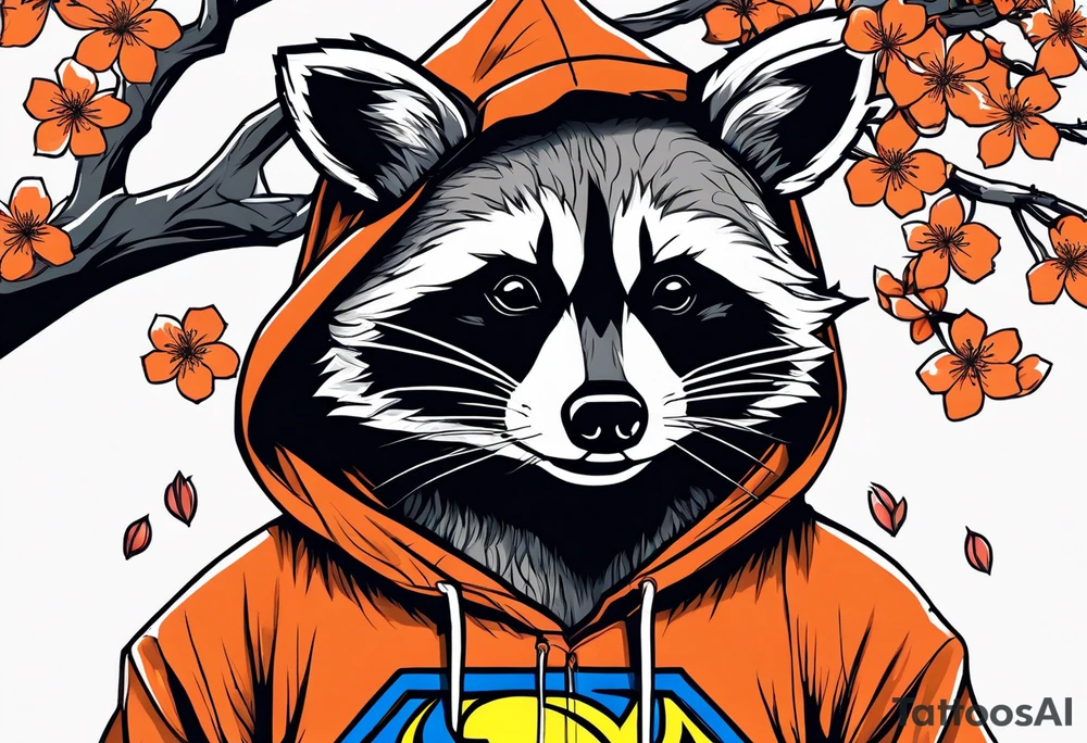 raccoon wearing a black and white Superman hoodie and orange Japanese cherry blossoms tattoo idea