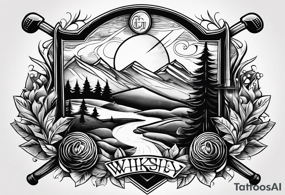 cross with whiskey glass, golf club, camp fire and cabin in the quandrants tattoo idea