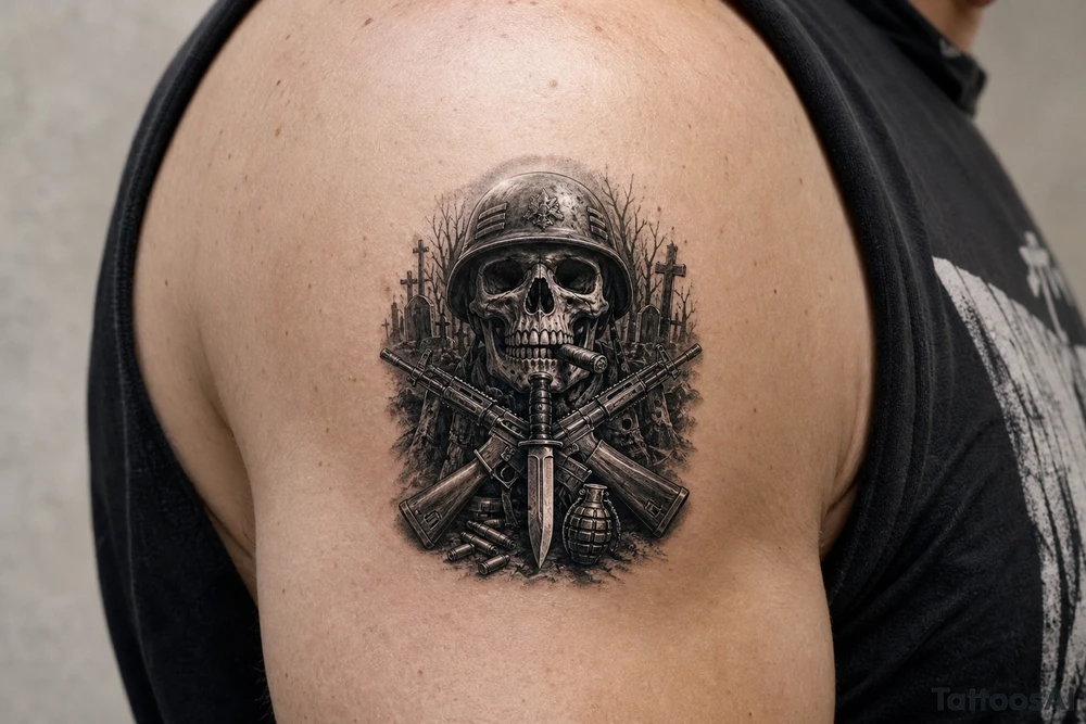 Dark fantasy graveyard, skull in helmet, cigar, crossed rifles, knife, grenade, cartridges. tattoo idea