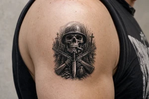 Dark fantasy graveyard, skull in helmet, cigar, crossed rifles, knife, grenade, cartridges. tattoo idea