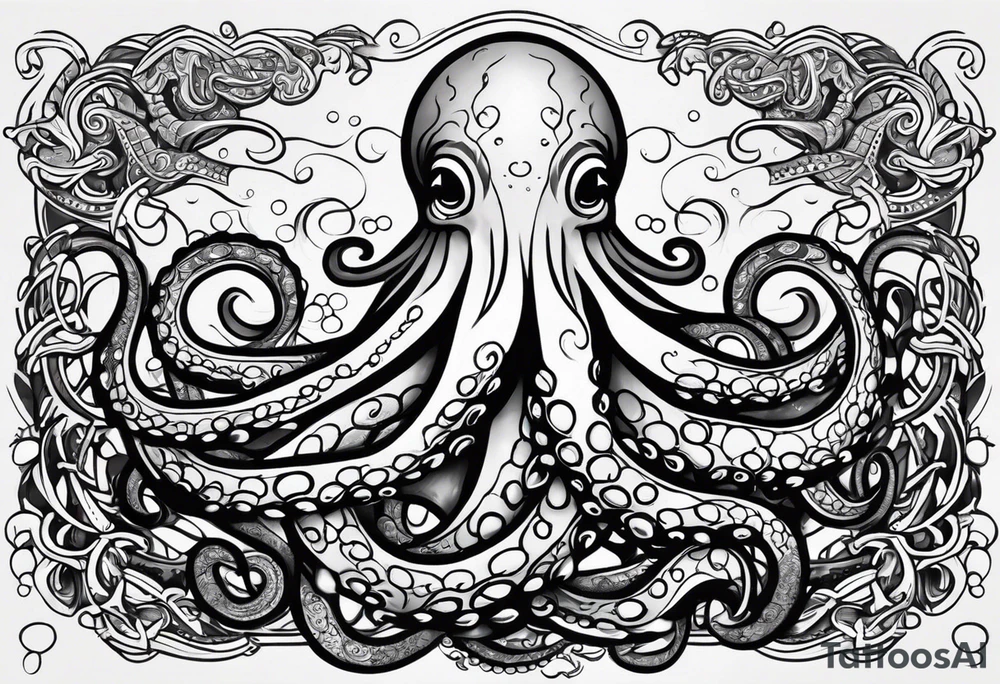 Tribal half sleeve. octopus surrounded by ribbons of water waves filled with fish. the octopus has small eyes. Use thick lines only with less detail. tattoo idea