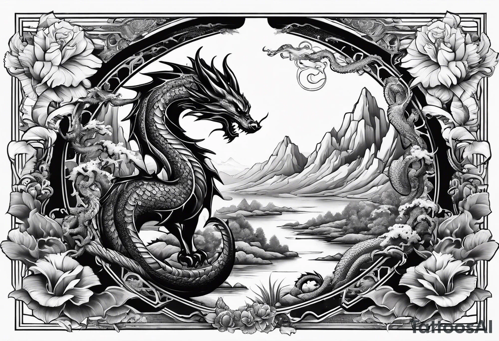 cat and dragon in landscape tattoo idea
