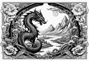 cat and dragon in landscape tattoo idea