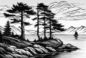 Sleeve tattoo windswept pine tree before lake with low cliff face on another side of lake. Mastiff silhouette in the foreground. with a dock coming out from the shore tattoo idea