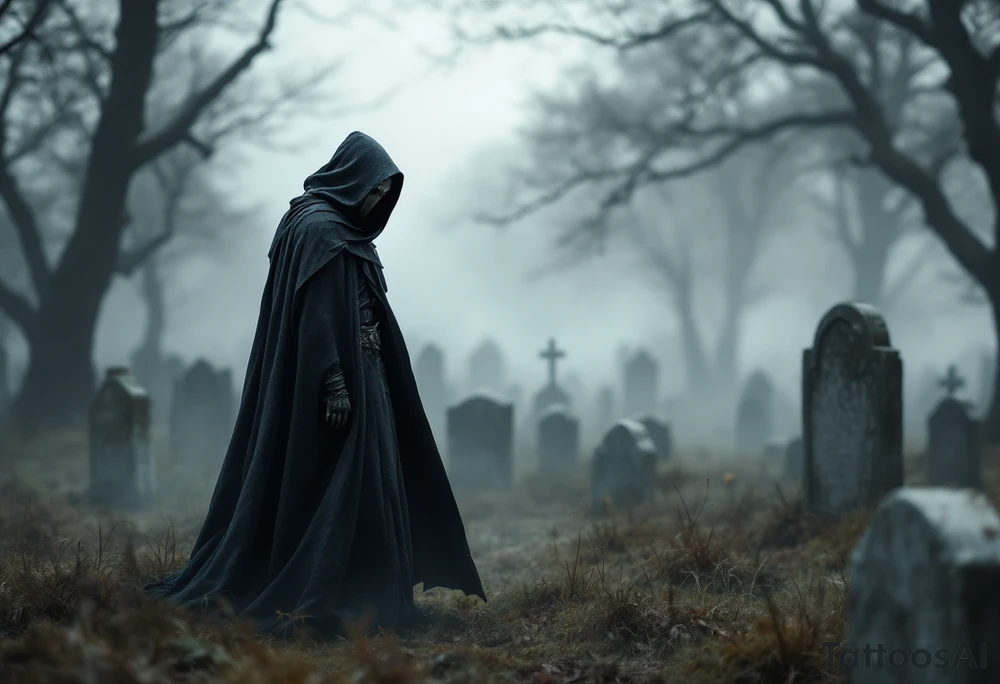 Plague Doctor in a Cemetery – A melancholic scene, with a doctor standing near fog-covered gravestones. The cloak is draped over one shoulder, and the mask is slightly tilted downward, giving a sorrowful, contemplative look. tattoo idea