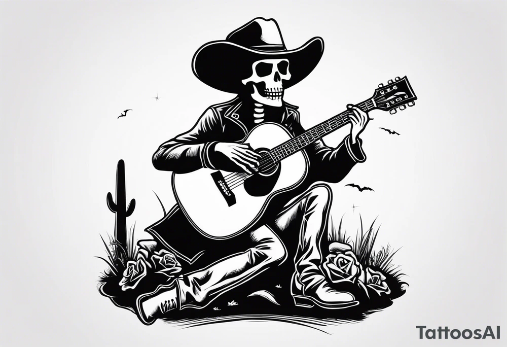 A skeleton with a cowboy hat on playing the guitar while sitting on a gravestone engraved with the words "Still Kickin'" and a pair of cowboy boots tattoo idea