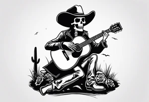 A skeleton with a cowboy hat on playing the guitar while sitting on a gravestone engraved with the words "Still Kickin'" and a pair of cowboy boots tattoo idea