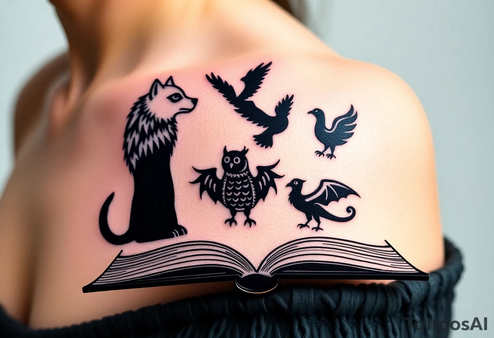 An open book with black silhouettes of a werewolf, an owl, a dragon & a phoenix above it tattoo idea