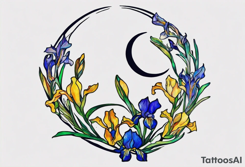 Create a small colorful Vincent van Gogh Irises tattoo in the form of a crescent, with vines gracefully intertwining at a central point in the middle of the wreath. The intended placement is on the upper chest. The overall design should be small in size while maintaining a delicate and artistic aesthetic. Pay attention to the graceful flow of the vines and the placement of the irises to achieve a refined and elegant look. tattoo idea