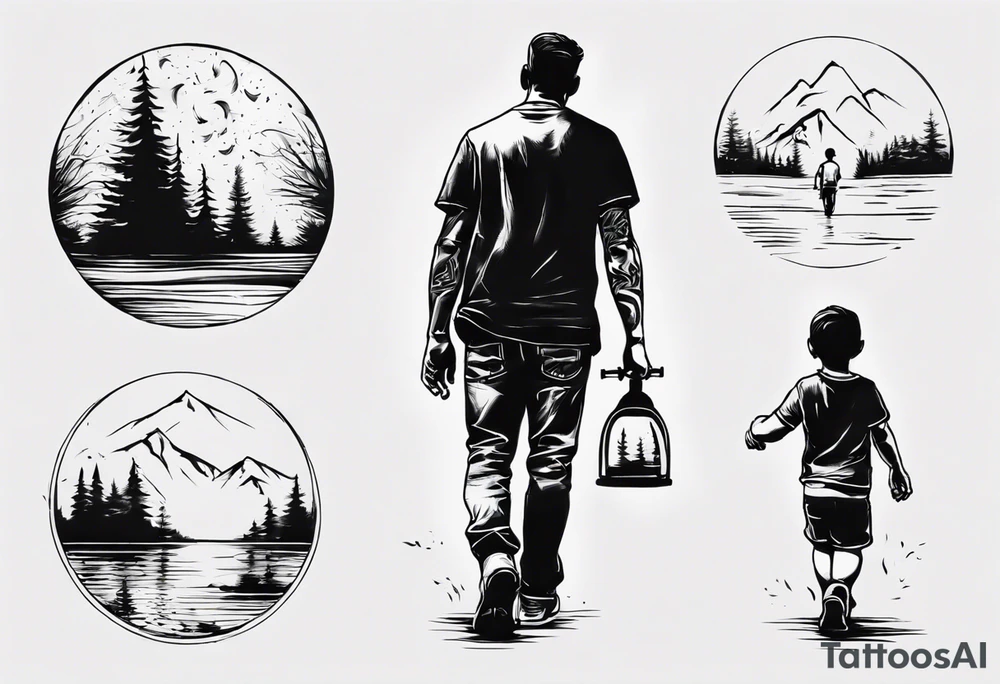 dad and son walks away contour tattoo idea