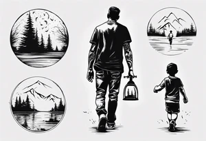 dad and son walks away contour tattoo idea