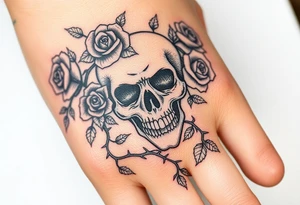 gothic skull intertwined with climbing roses and thorny vines tattoo idea
