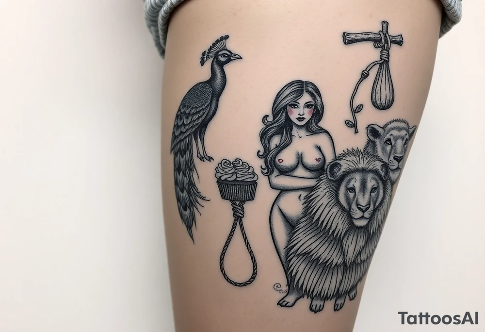 Storm clouds, pig, peacock , sexy naked fat woman, cupcakes, noose , money, goat, lion, couple having sex, cigerette tattoo idea