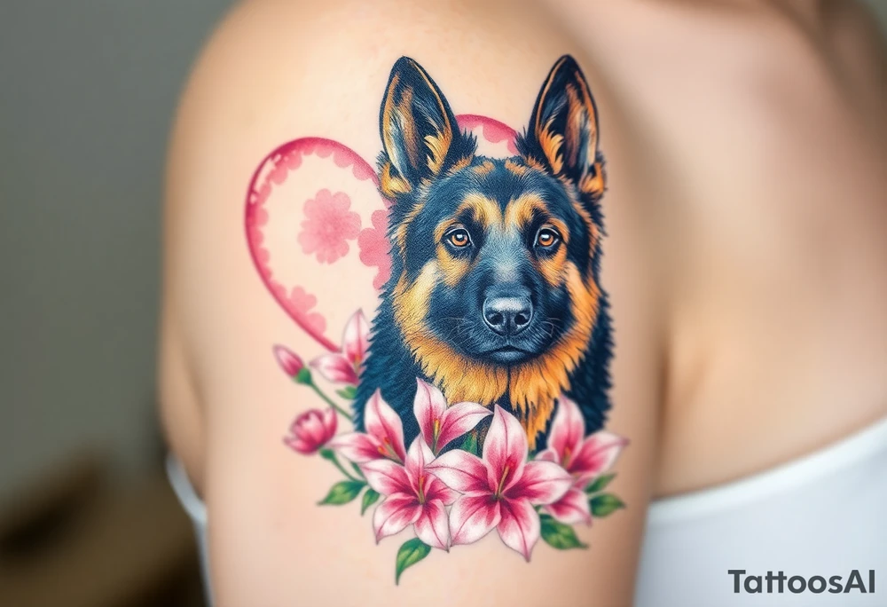 realistic german shepherd dog with pink lily flowers in front of sacred heart tattoo idea