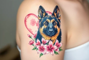realistic german shepherd dog with pink lily flowers in front of sacred heart tattoo idea