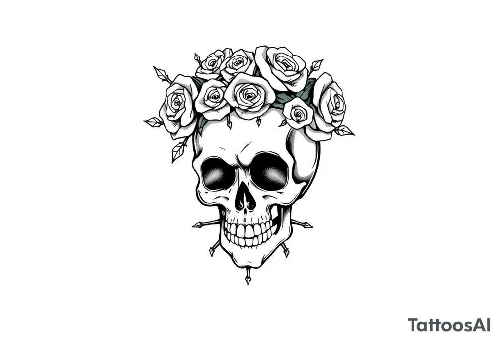 ornate skull adorned with crown of wild roses and thorns tattoo idea