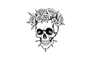 ornate skull adorned with crown of wild roses and thorns tattoo idea