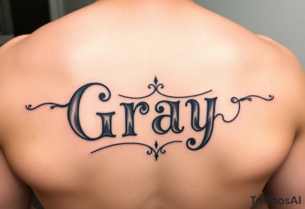 Tattoo design with the concept of our last name "Gray" with all our first names incorporated into it. Bradley, Ashleigh, Penelope, Lennon. tattoo idea