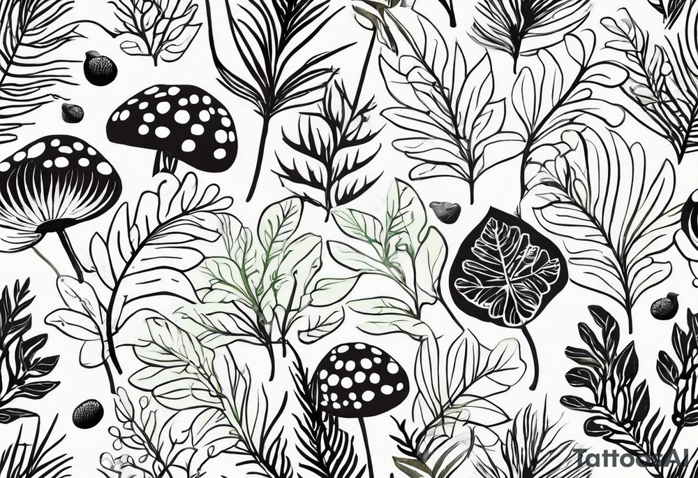 minimalistic forest floor inspired tattoo, which includes grass, curly ferns and dead leaves as the bulk of the tattoo. details to include: forest berries, couple of very small brown mushrooms, a tiny bumblebee flying nearby tattoo idea