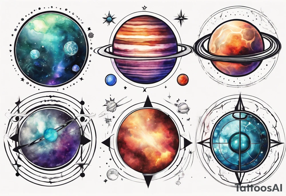 Planets in the style of chakra alignment tattoo idea