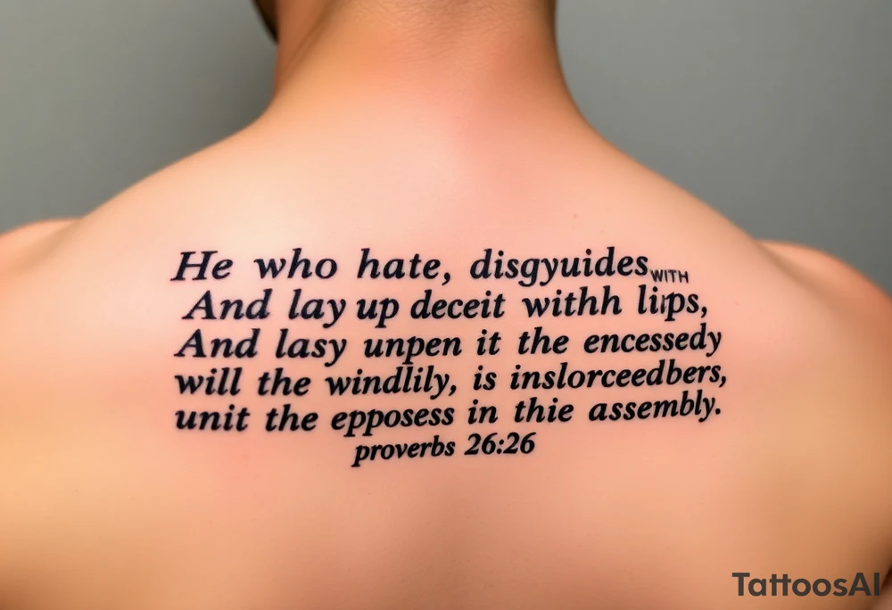 proverbs 26:25-26 He who hates, disguises it with his lips, And lays up deceit within himself,Their hatred may be concealed by deception, but their wickedness will be exposed in the assembly tattoo idea