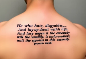 proverbs 26:25-26 He who hates, disguises it with his lips, And lays up deceit within himself,Their hatred may be concealed by deception, but their wickedness will be exposed in the assembly tattoo idea