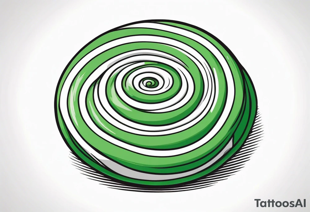 a small round candy in a twist wrapper. green and white swirl tattoo idea