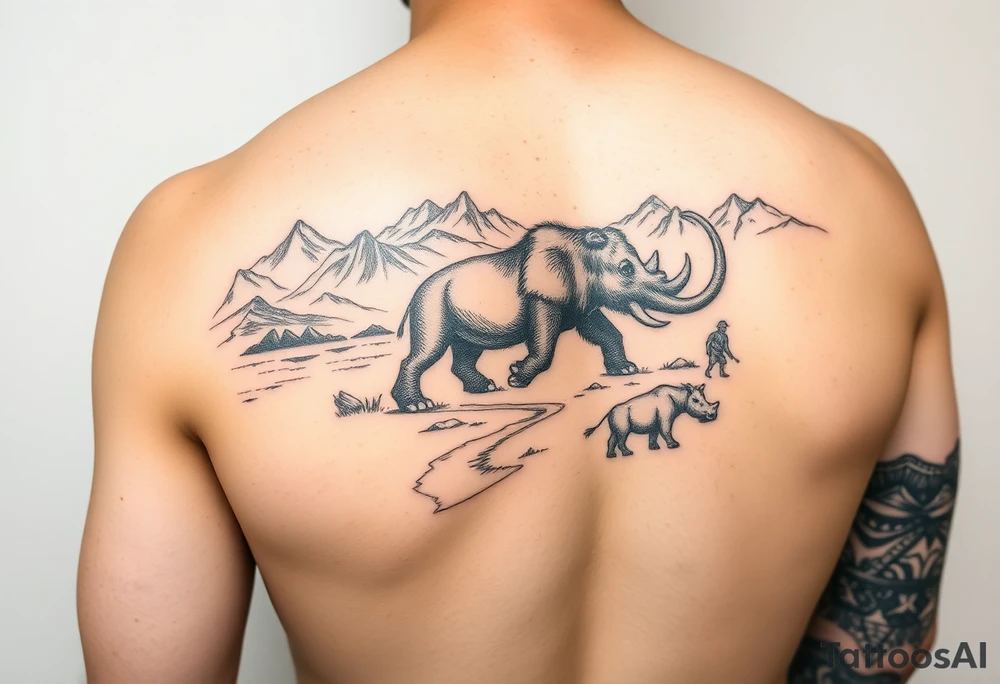 Arm sleeve with mountains, a river Valley woolly mammoth, woolly rhinoceros And Neolithic hunters tattoo idea