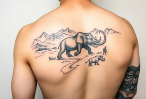 Arm sleeve with mountains, a river Valley woolly mammoth, woolly rhinoceros And Neolithic hunters tattoo idea